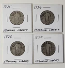 Lot of 4 Standing Liberty Quarters w/Dates 1925, 1926, 1928, 1930 90% Silver