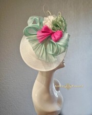 Bridal Kentucky Derby Hat Mint Green Pink Silk Bow Royal Ascot Fascinator White