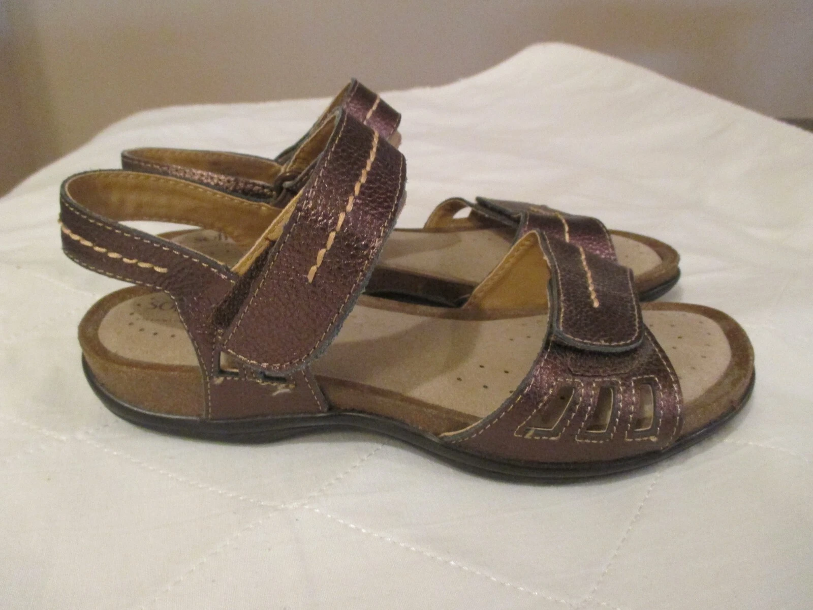 Softspots Sandals Brown Leather Sz 6.5 W Pillowtop Womens Hook Loop Adj. MINT