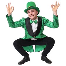 MENS LEPRECHAUN COSTUME TOP HAT TAILCOAT ST PATRICKS DAY IRISH GREEN FANCY DRESS