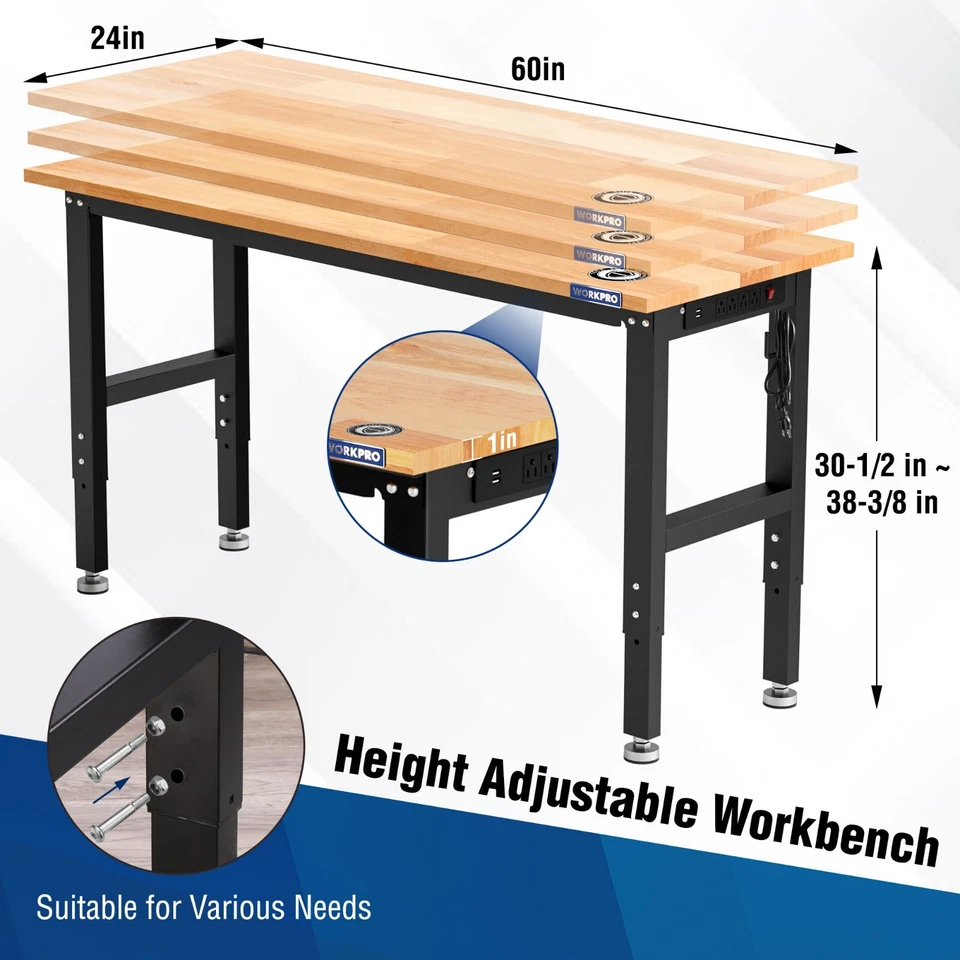 Banco de trabajo ajustable de alta resistencia 48"X22"/60''x24" tapa de madera de goma con tomas de corriente Foto 4 de 4