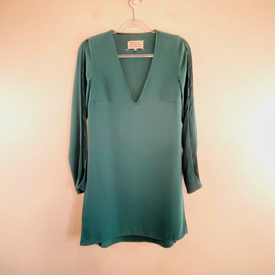 Maison Margiela Size 38 (8 10) Jade Green V Neck Long Sleeve Blouse Top - Image 2 of 4