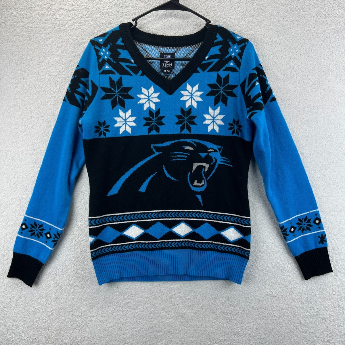 NFL Team Apparel Carolina Panthers Women's Blue Mascot Christmas Sweater Sz  M