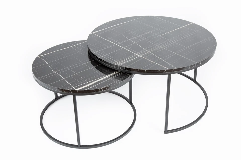 round coffee table set of 2, Marble Inspired Black Coffee Table in sleek design - Image 3 of 4