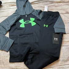 Under Armour Boys Zip Hoodie Joggers Outfit Set Black Green NEW