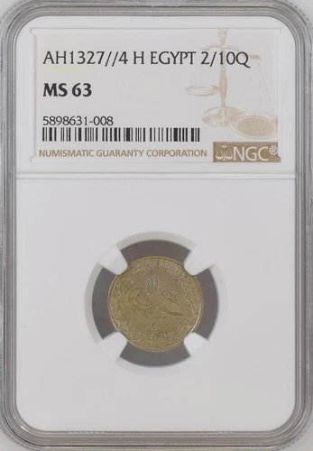 EGYPT - OTTOMAN , 2/10 QIRSH SULTAN MOHAMED V 1327/4 AH NGC MS 63 (XL) , RARE