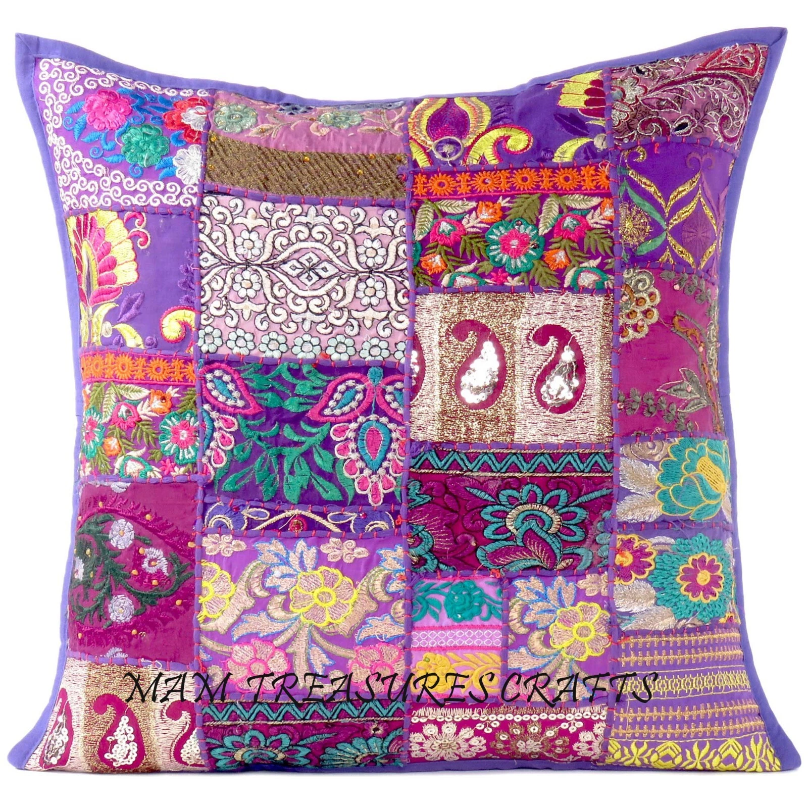 Purple Decorative Patchwork Boho Throw Pillow Colorful Bohemian Cushion Cover