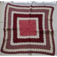 Crocheted Maroon Pink White Crochet Lap Quilt Valentine Retro Cottage Granny