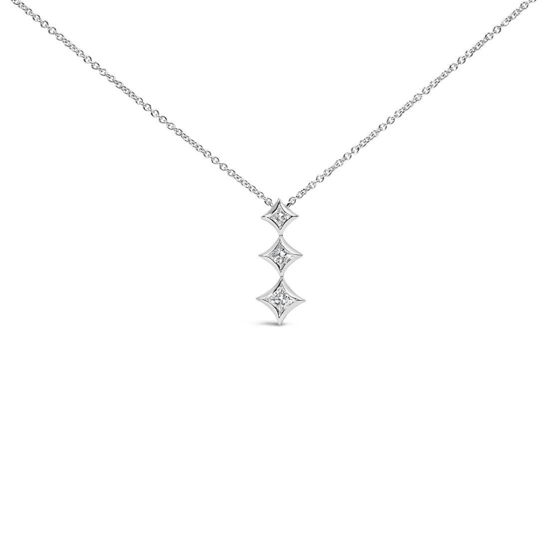 "10K White Gold 1/5 Cttw Princess Cut Diamond 3 Stone Drop 18\" Pendant Necklace"