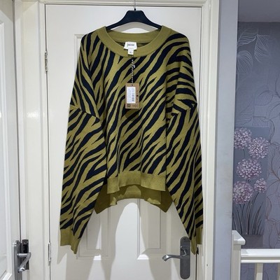 Joanie Javan Limettengrün Schwarz Zebramuster Oversize Slouchy Strick Pullover XXL Neu