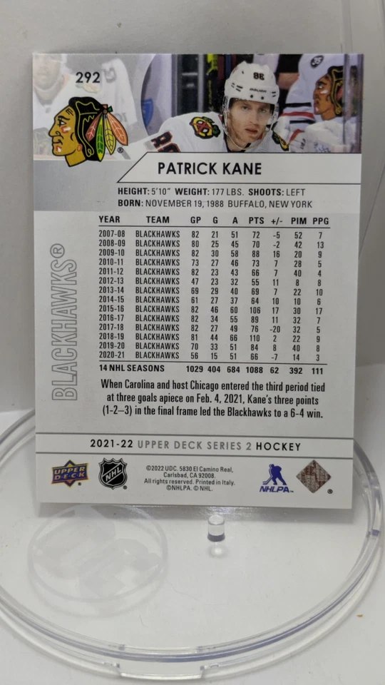 2021-22 Upper Deck Series 2 - Patrick Kane #292 Chicago Blackhawks Mint - Image 2 of 2