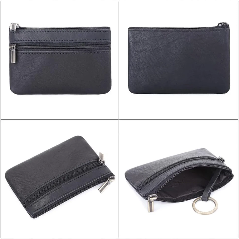 Portamonete in Vera Pelle Con Portachiavi E Cerniera - Piccolo Organizer per Mon - Immagine 3 di 4