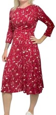 Hobbs Cat Print Tea Dress Red US 8 Artsy Whimsical Animal Novelty Midi Dress