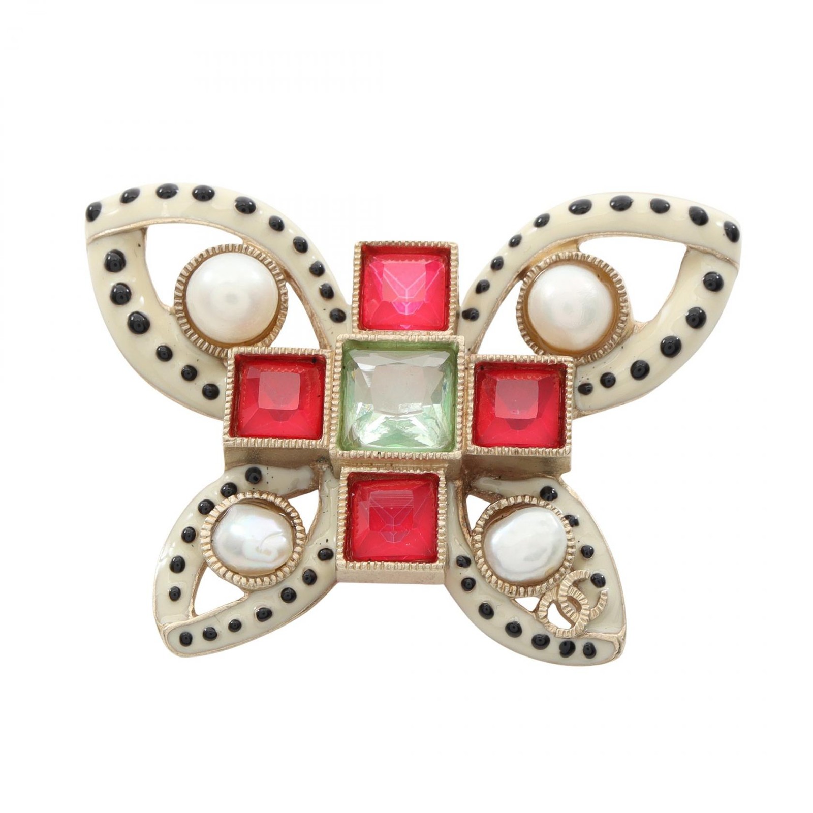 CHANEL COCO Mark Butterfly Brooch GP Rhinestone Artificial pearl Red Used Women