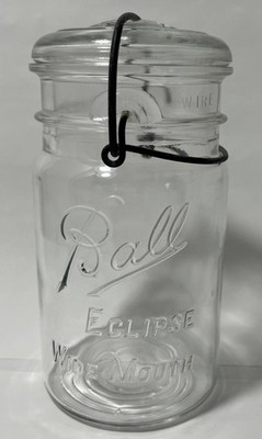 Antique Ball Eclipse Wide Mouth Glass Jar w/ Wire Bail & Lid Early 1900s Canning