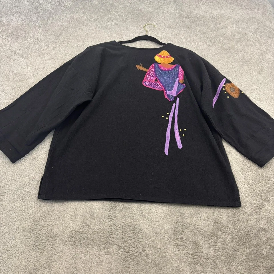 VTG Alfredo's Wife Top Womens XS Black Art to Wear Applique Musician Boho Artsy Foto 2 de 4