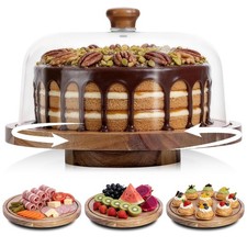 Acacia Wood Cake Stand with Lid, 12in Wooden Cake Stand with Acrylic Dome, Ca...