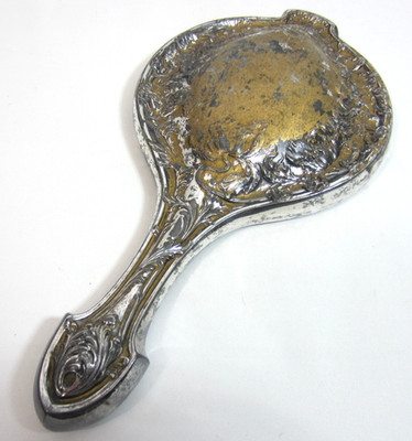 Antique Silverplated Hand Mirror Ornate Floral Art Nouveau 10  Hollywood Regency