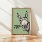 Funny Donkey Wall Art Print – “Nice Ass” Bathroom Humorous Animal Poster Green