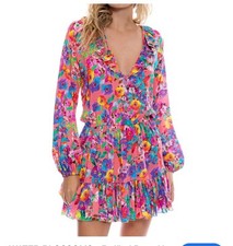 Luli Fama Size L Ruffled Deep V-Neck Frill Hem Dress Water Blossoms Feminine