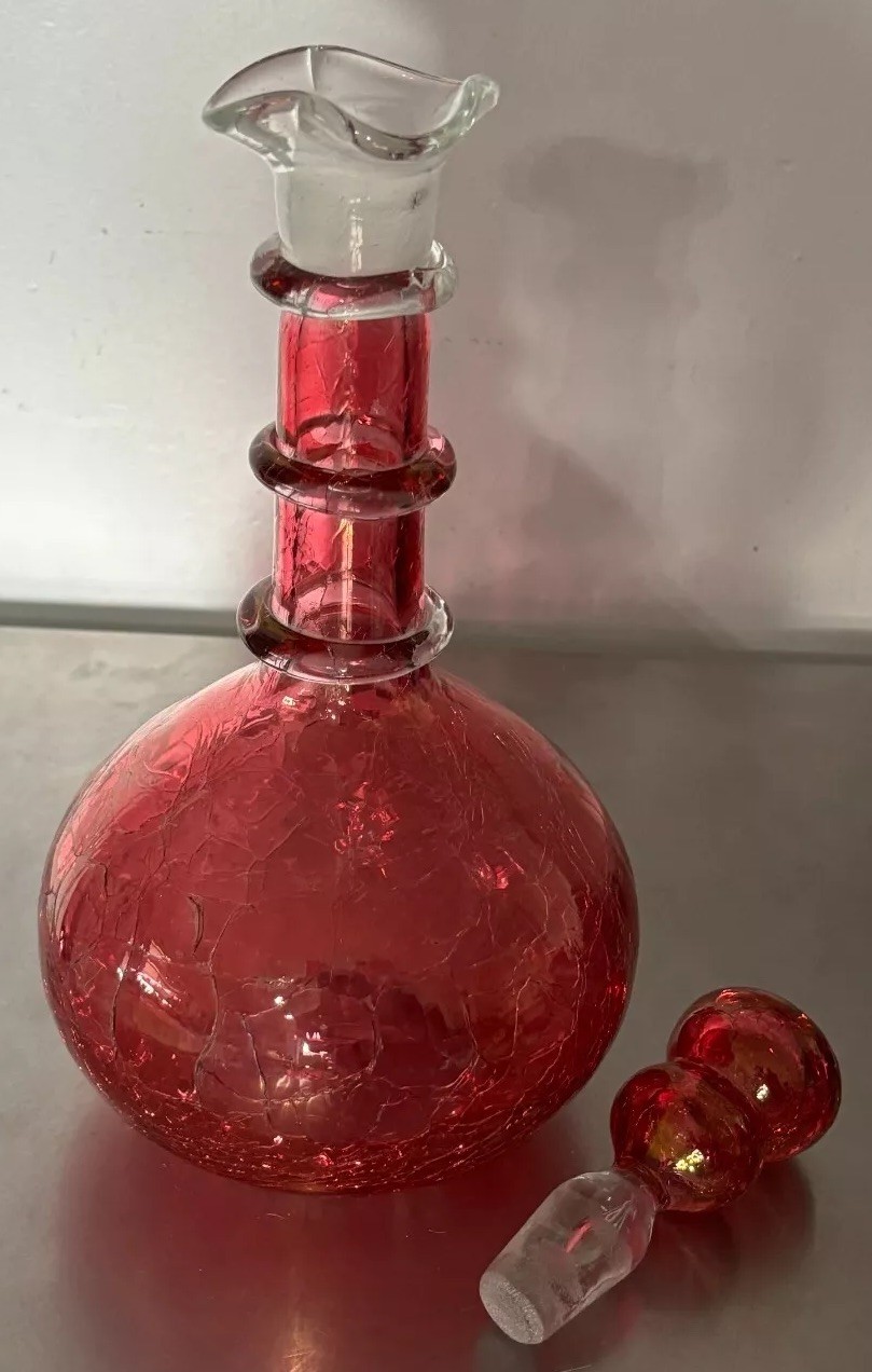 Vntg Crackle Glass Decanter & Stopper Flash Cranberry BLENKO RAINBOW FREE SHIP