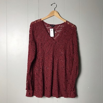 LANE BRYANT MERLOT RED SHEER LACE FITS THAT FLATTER TOP WOMENS SIZE 14/16 NWT