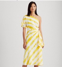 Lauren Ralph Lauren yellow & white one shoulder faux wrap sundress size 6
