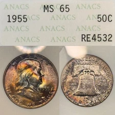 MS65 1955 50C Franklin Silver Half Dollar, ANACS Soapbox- Vivid Rainbow Toned