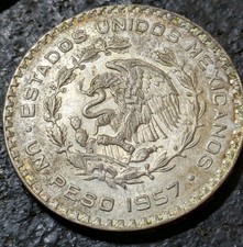1957 1 Peso Un Peso MEXICAN COIN 10% Silver Coin Slightly TONED Mexico
