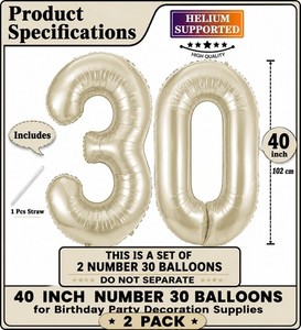 40” Beige Number 30 Balloon Set 2 Pack Foil Helium Birthday Party Decorations