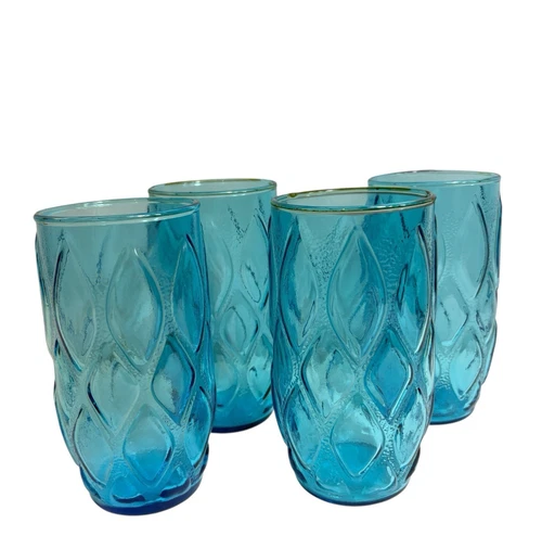 Anchor Hocking Madrid Tumblers 12oz Glass Quilted Diamond 4 Vintage Aqua Blue 5”