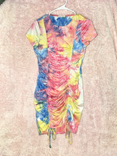 Women’s Tie Dye Ruched Bodycon Dress Adjustable Drawstring M