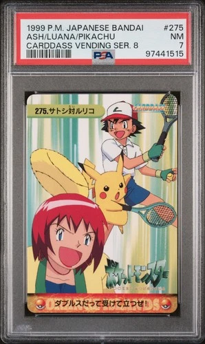 1999 POKEMON JPN BANDAI CARDDASS VENDING SER 8 #275 ASH/LUANA/PIKACHU PSA 7
