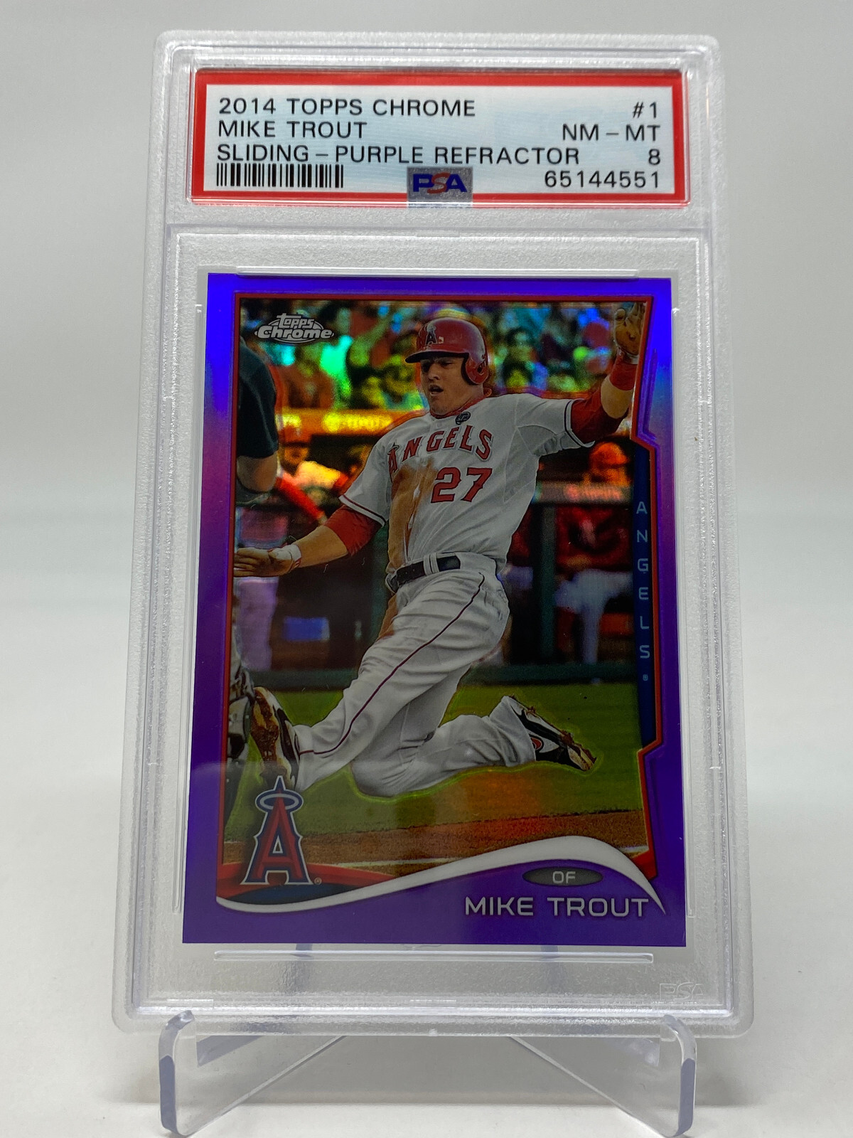 2014 Topps Chrome #1 Mike Trout Sliding PURPLE REFRACTOR - PSA 8 - POP 99 view 4