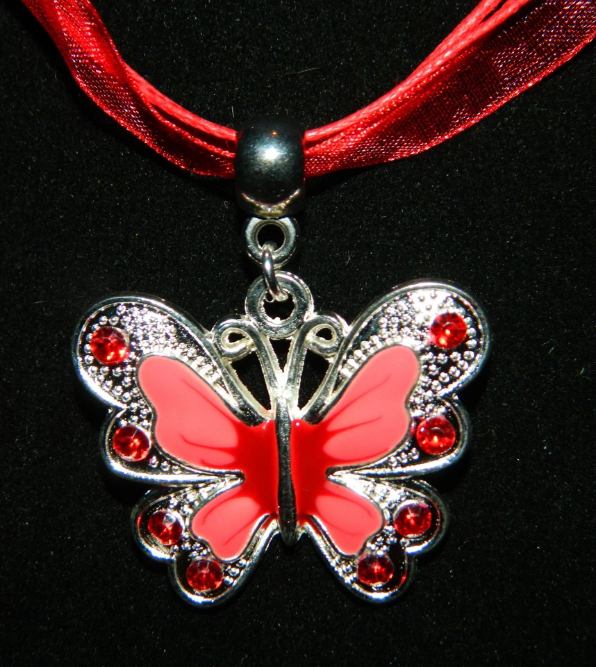 Collar Cinta Organza: Colgante Mariposa Esmalte Rojo Cristal Plata 17" Foto 2 de 4