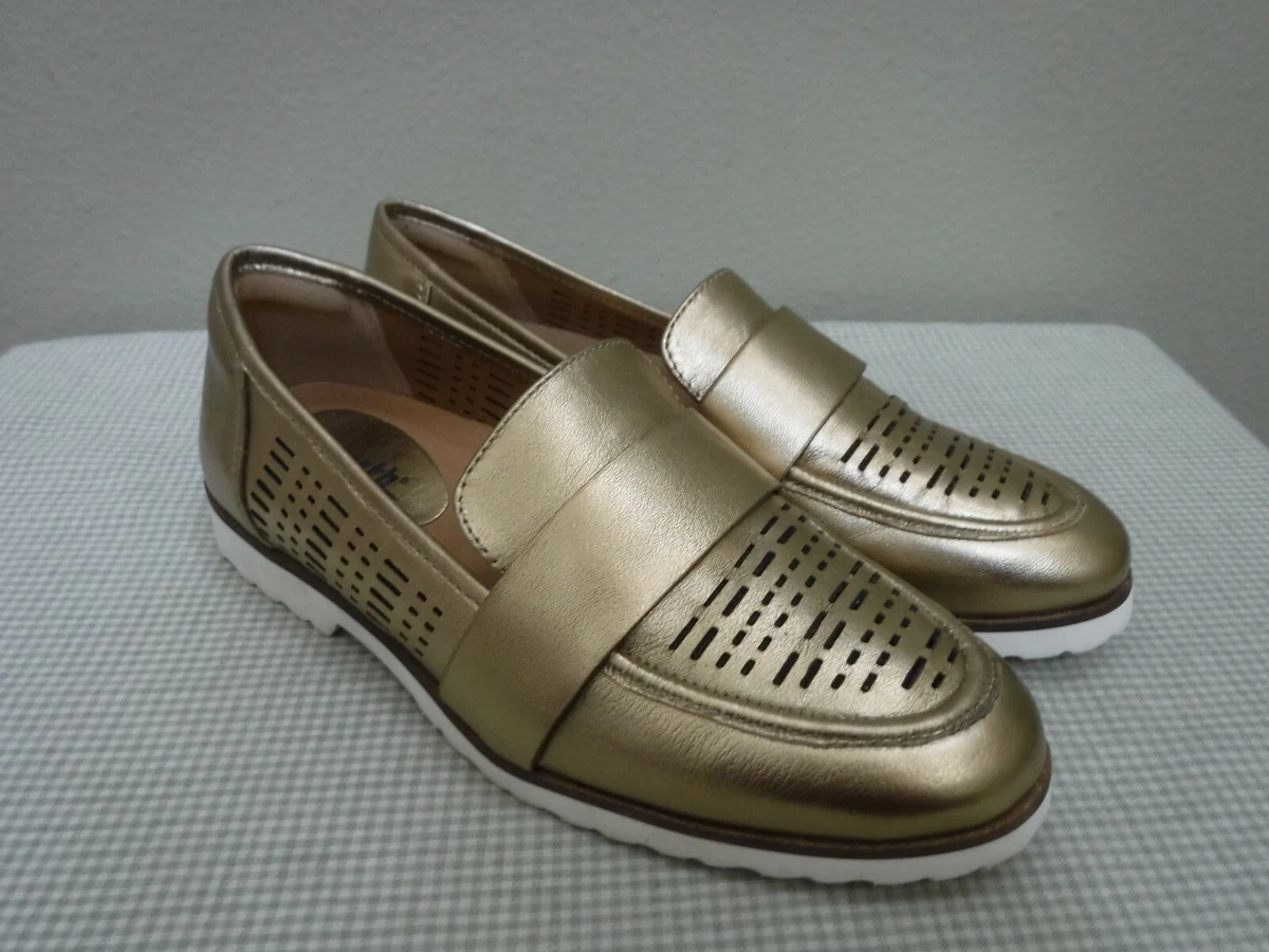 EARTH MASIO GOLD 8 Metallic Perforated Leather Slip On Moccasin