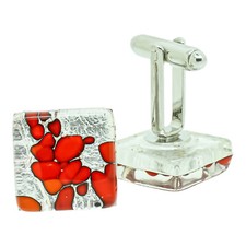 Murano Glas Manschettenkn&ouml;pfe Silber Rot Millefiori Paar Quadratisch