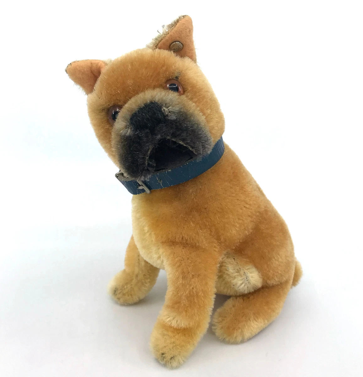 Steiff Sarras Boxer Dog sitting 14cm 5.5in ID Button 1960s Leather Collar  Vtg