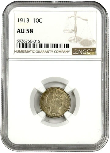 1913 United States Silver Barber Dime 10c Coin NGC AU 58