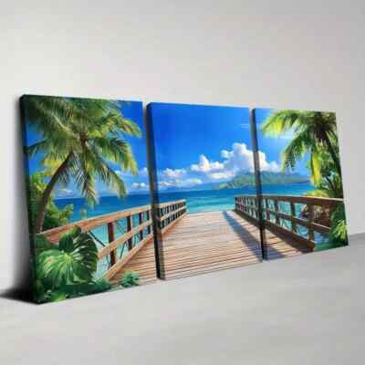 3pcs Summer Beach Sunset with Blue Sky and Pier Wall Art Canvas Unframed/Framed