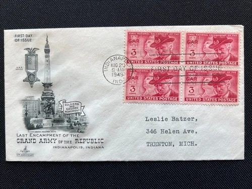 985 Grand Army of the Republic (Block of 4) FDC Art Craft 1949 Indianapolis IN