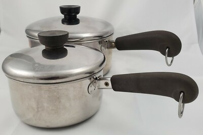 Revere Ware 1801 TRI-PLY Disc 2 QT 89e & 1qt 90k SAUCE Pots W/ LID - Set VTG 