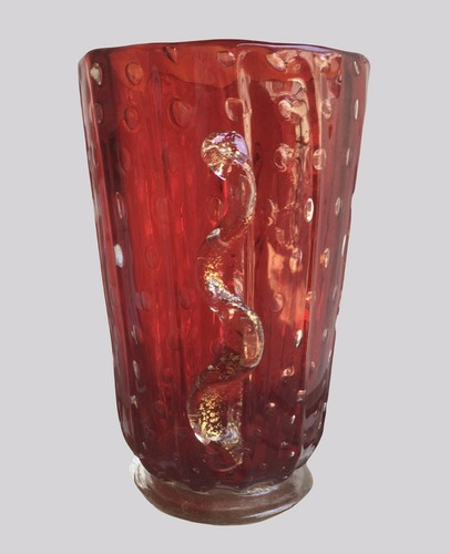 Vintage Murano Borovier &Toso Red Vase Gold Flake with Bubbles Ribbed Wavy Trim - Imagen 2 de 8