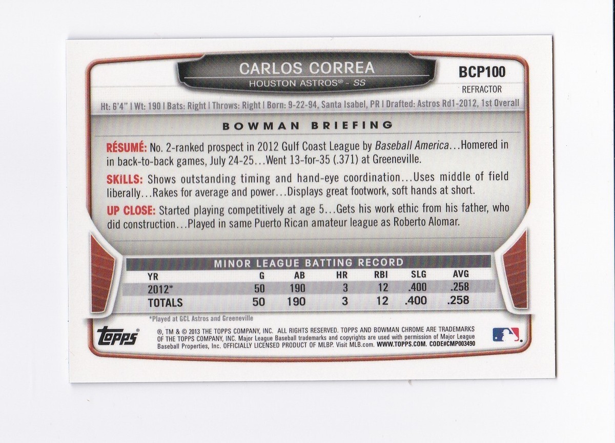 2013 Bowman Chrome Prospects Blue Wave Refractors #BCP100 Carlos