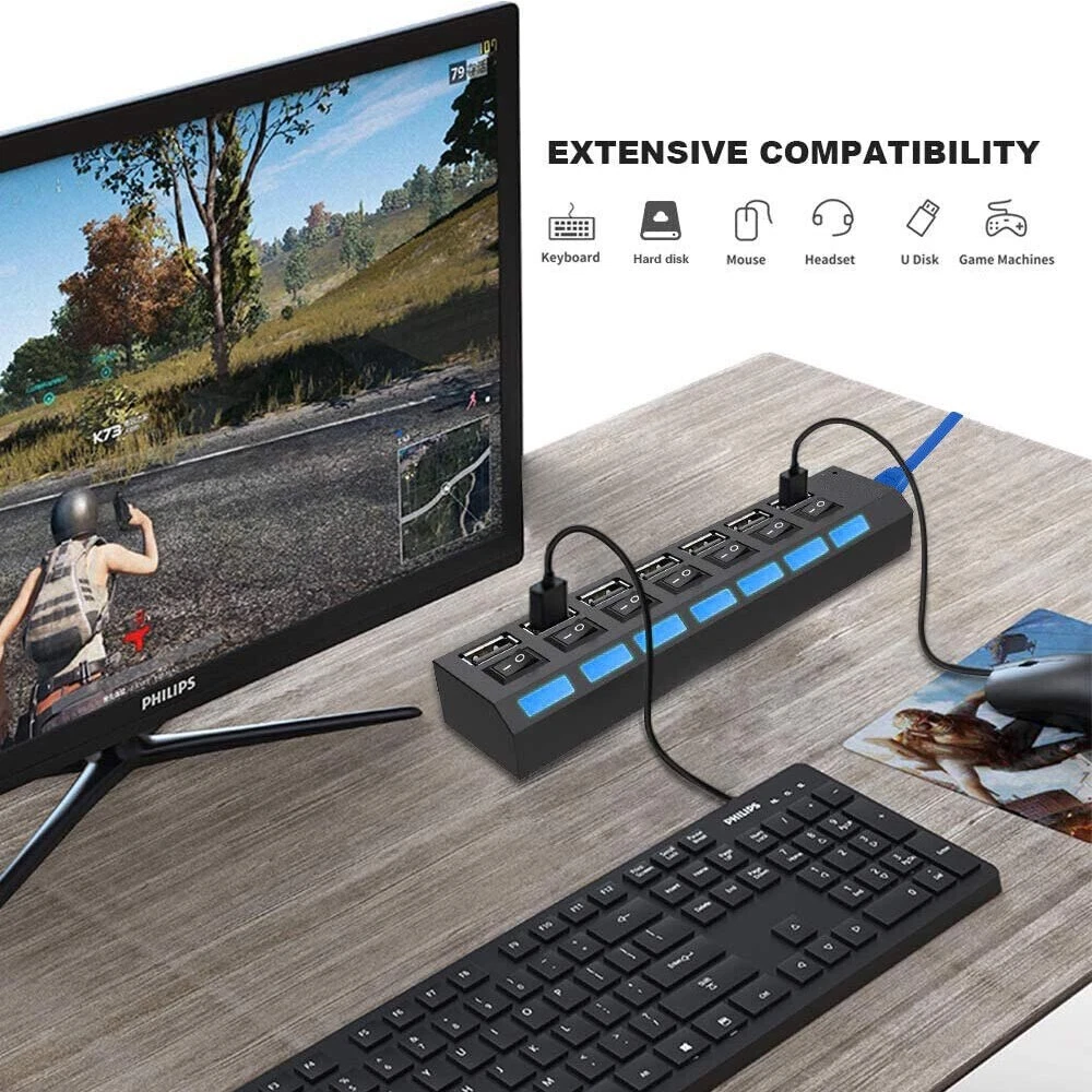 7-Port USB 3.0 Hub with Power Adapter & On/Off Switch for PC Laptop Mac