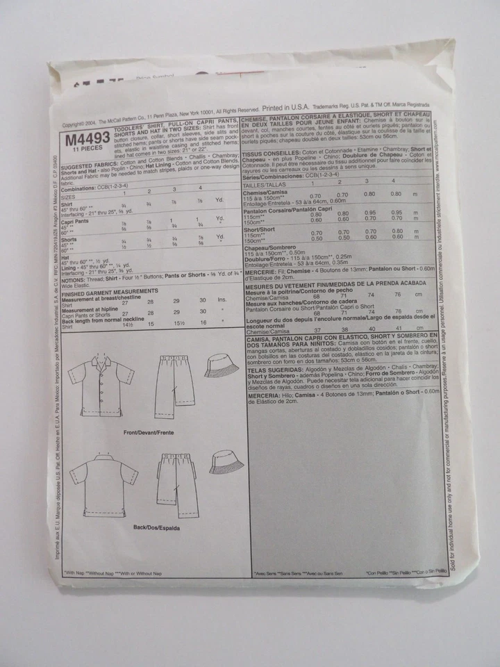 McCall's M4493 Toddler's Size 1 - 4 Uncut Shirt Pull-On Capri Pants Shorts Hat - Image 3 of 3