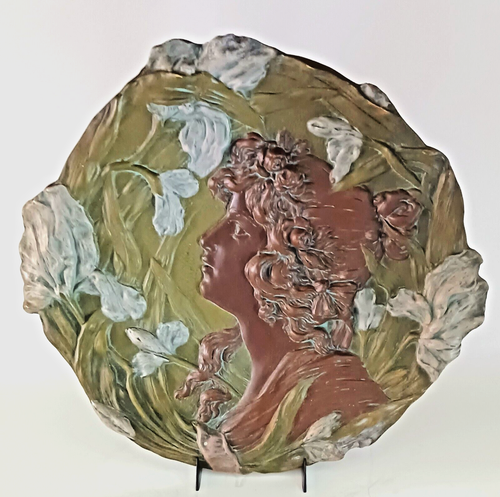 Antique Ernst Wahliss Austria Art Nouveau Pottery Wall Plaque Woman Flowers 13". - Picture 18 of 18