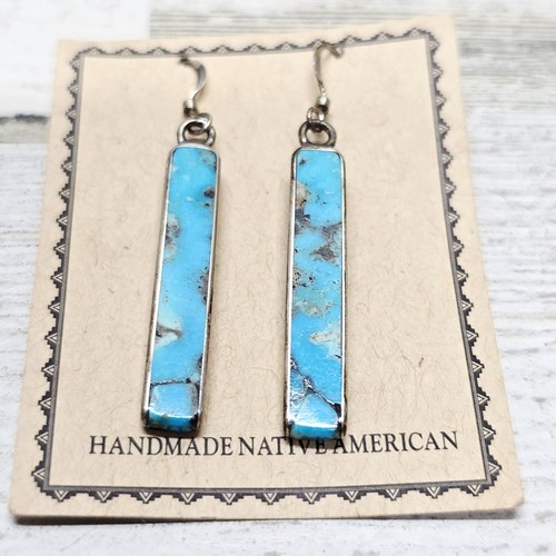Navajo Sterling Silver Turquoise Inlay Dangle Earrings by Jimmy Poyer Vintage