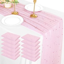 12 Pack 10FT Pearl Table Runner 30x120 Inch Pink Tulle Fabric Boho Rustic Sheer