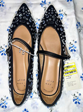 A New Day Black Mary Jane Flats Pointed Toe Rhinestone Buckle Straps 6